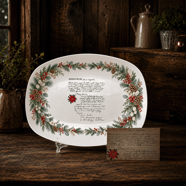 Handwritten Recipe Platter with Evergreen Pinecone & Berry Border