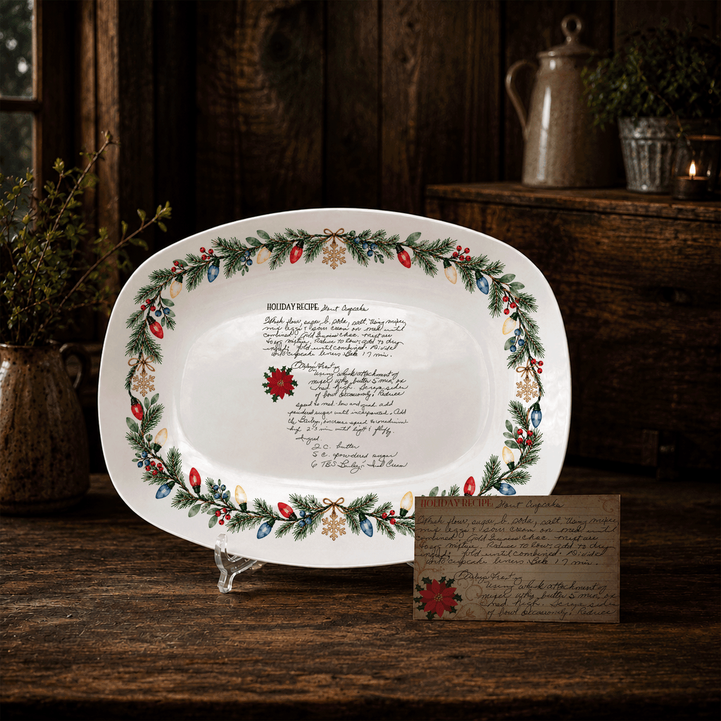 Handwritten Recipe Platter with Christmas Lights Border