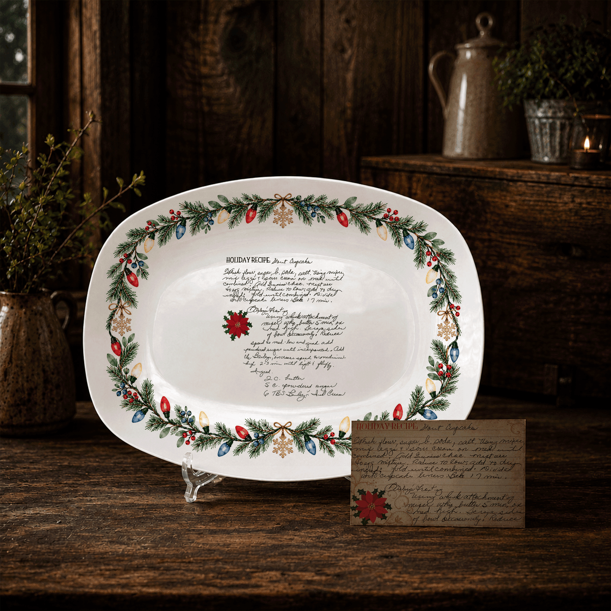 Handwritten Recipe Platter with Christmas Lights Border