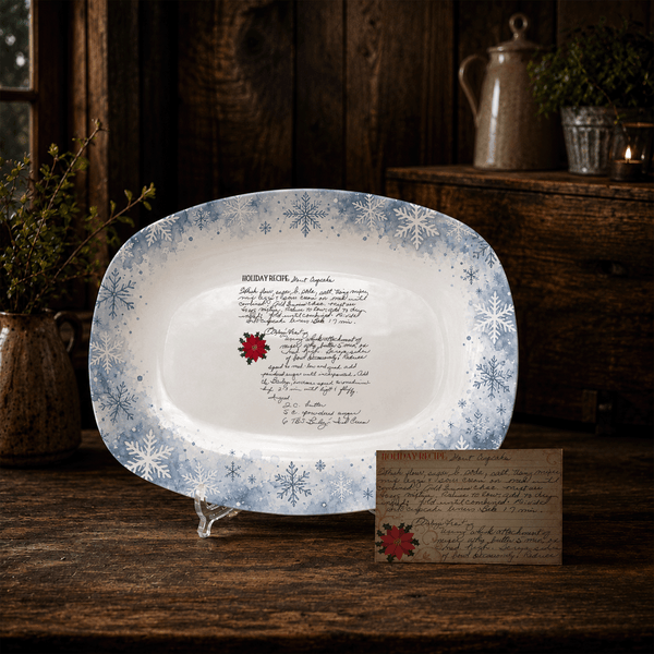 Handwritten Recipe Platter with Blue Snowflake Border