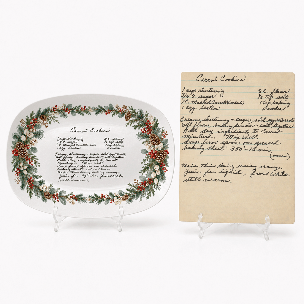 Handwritten Recipe Platter with Evergreen Pinecone & Berry Border