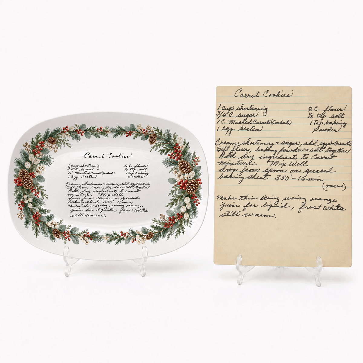 Handwritten Recipe Platter with Evergreen Pinecone & Berry Border