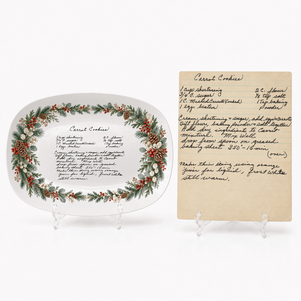 Handwritten Recipe Platter with Evergreen Pinecone & Berry Border