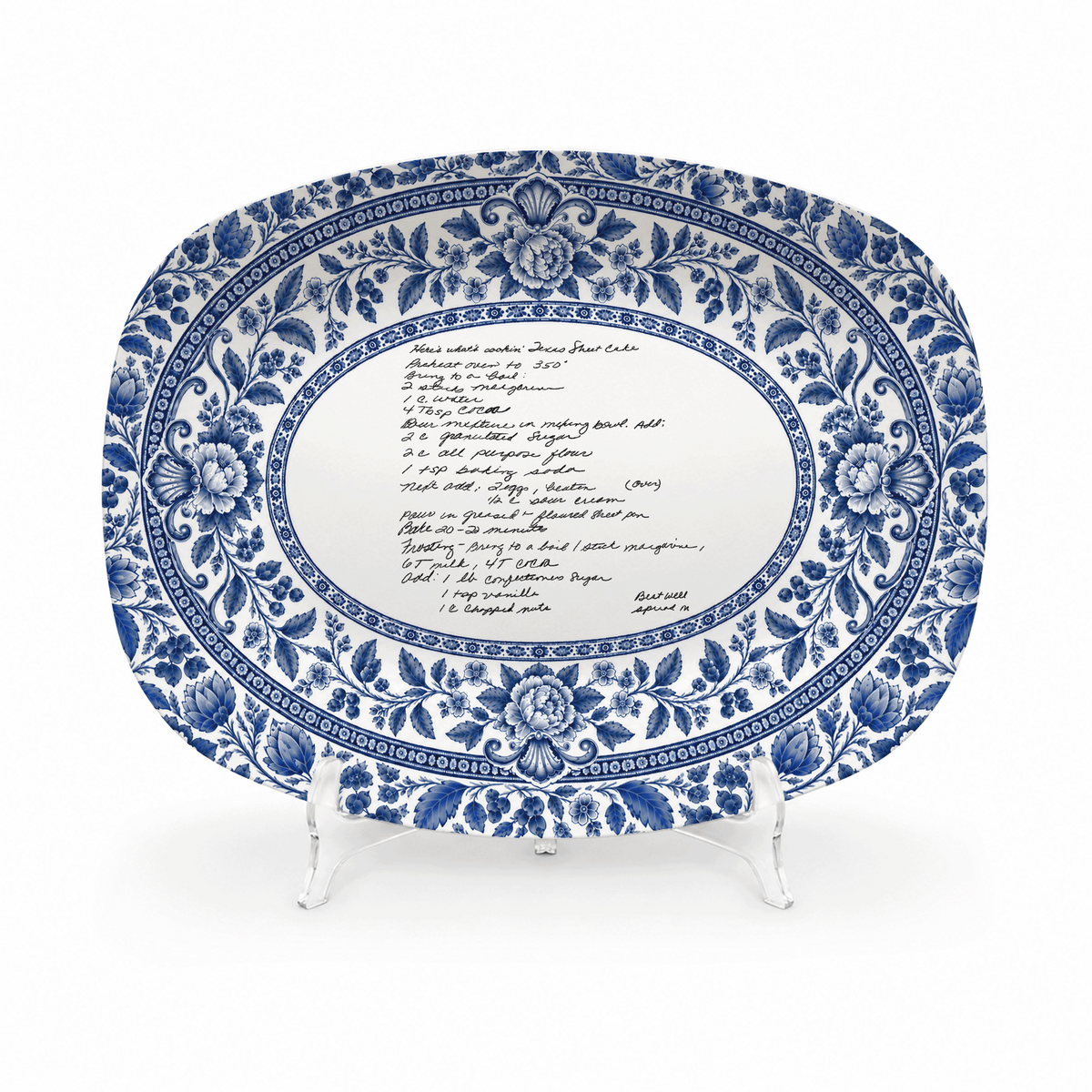 Handwritten Recipe Platter with Blue Antique Botanical Border