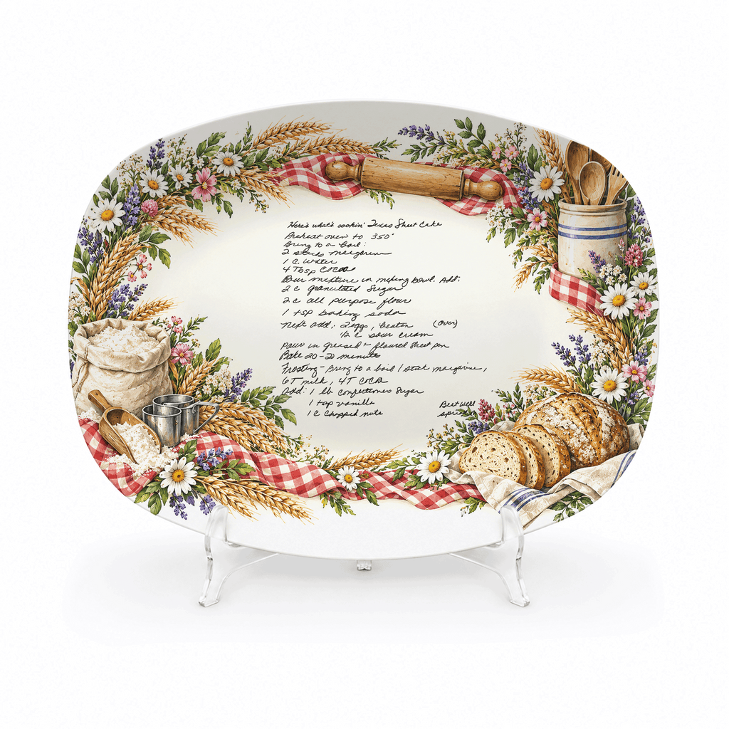 Handwritten Recipe Platter with Bread and Wildflower Border