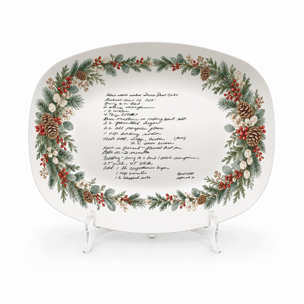 Handwritten Recipe Platter with Evergreen Pinecone & Berry Border
