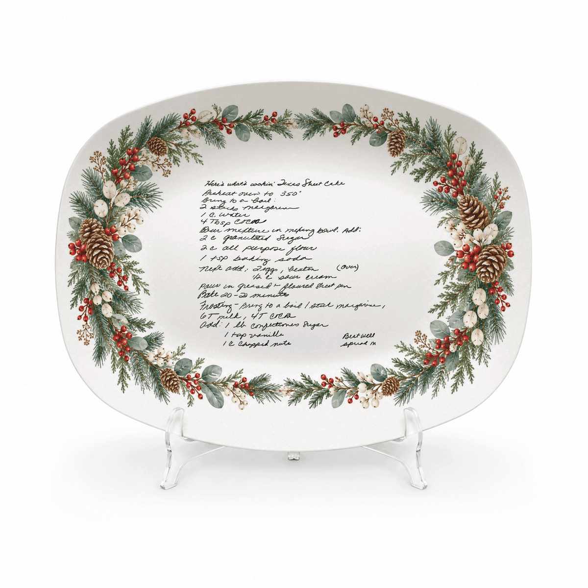Handwritten Recipe Platter with Evergreen Pinecone & Berry Border