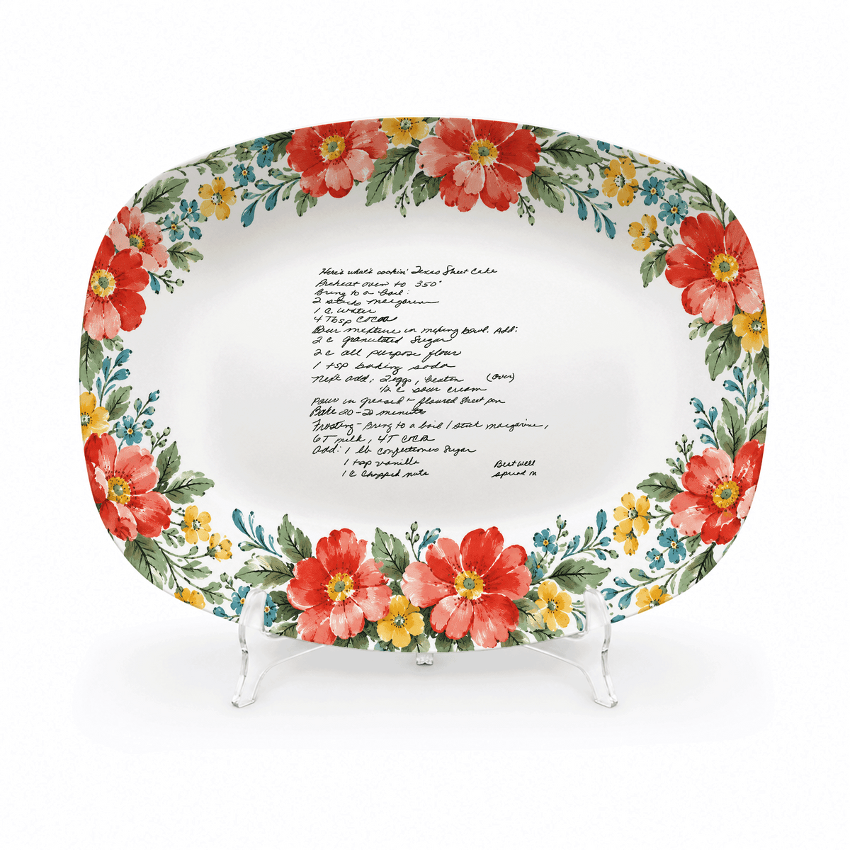Handwritten Recipe Platter with Red and Teal Watercolor Flower Border