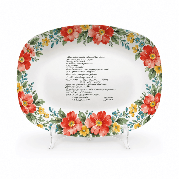 Handwritten Recipe Platter with Red and Teal Watercolor Flower Border