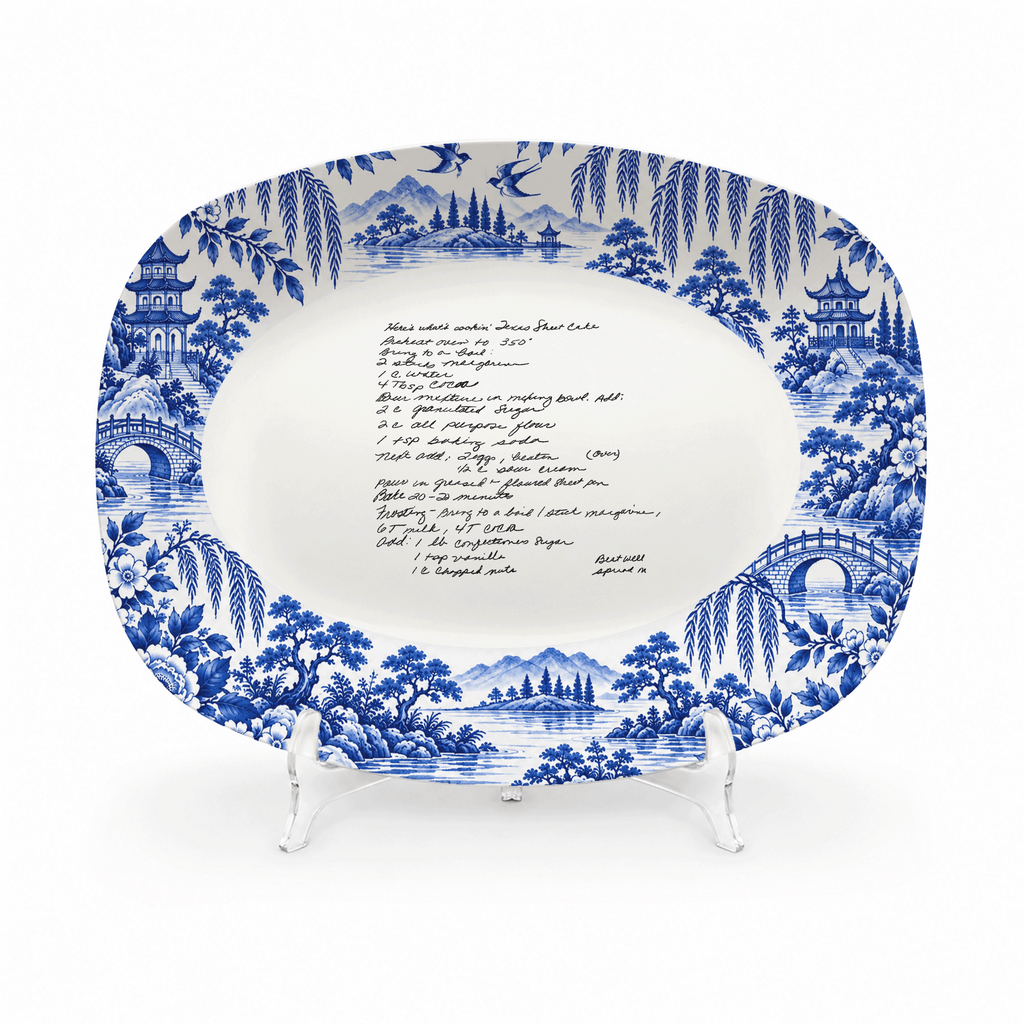 Handwritten Recipe Platter with Antique Blue Willow Border