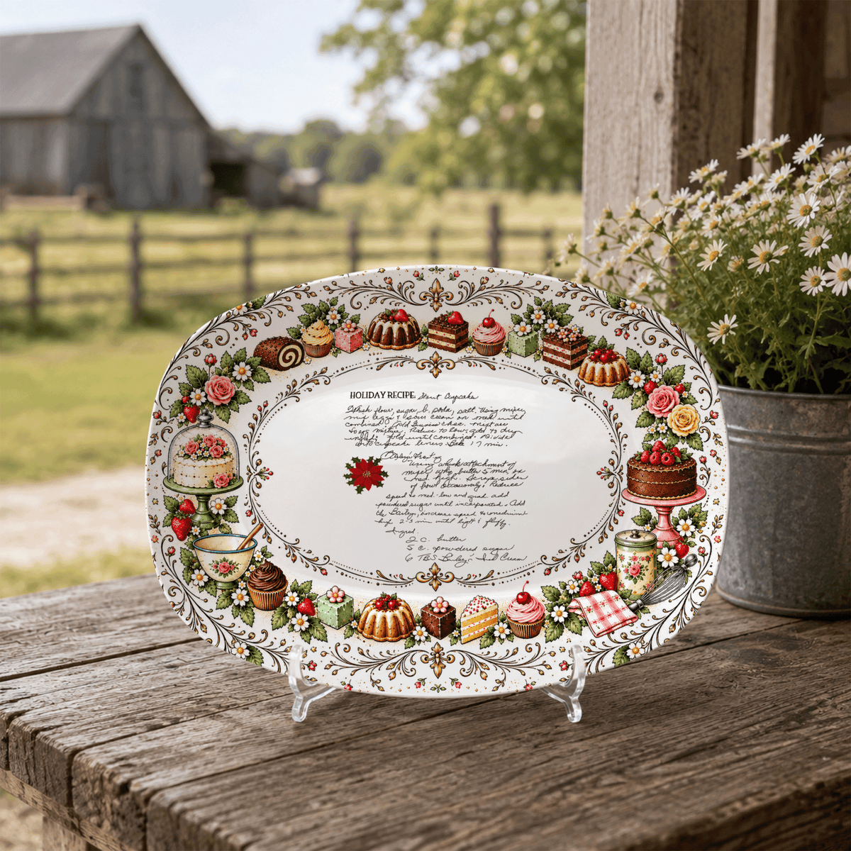 Handwritten Recipe Platter with Vintage Cake Border