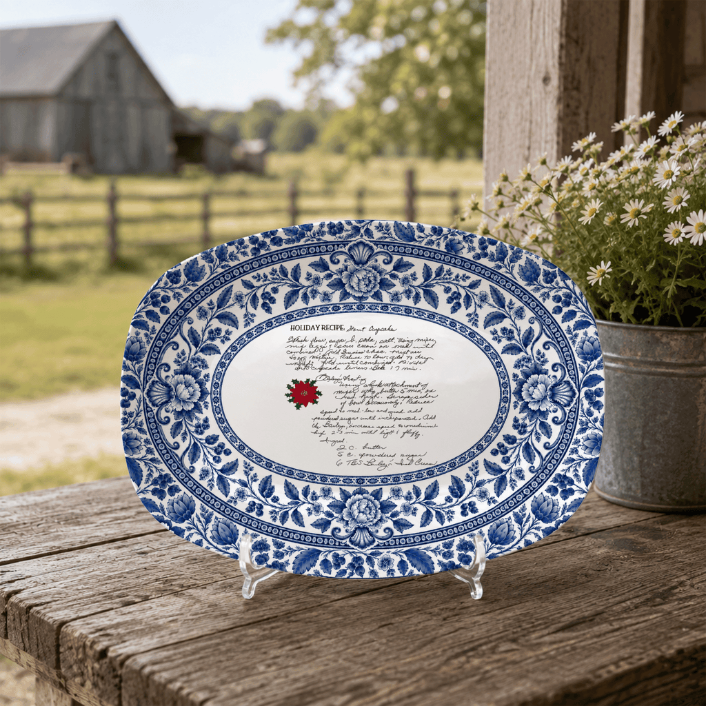 Handwritten Recipe Platter with Blue Antique Botanical Border