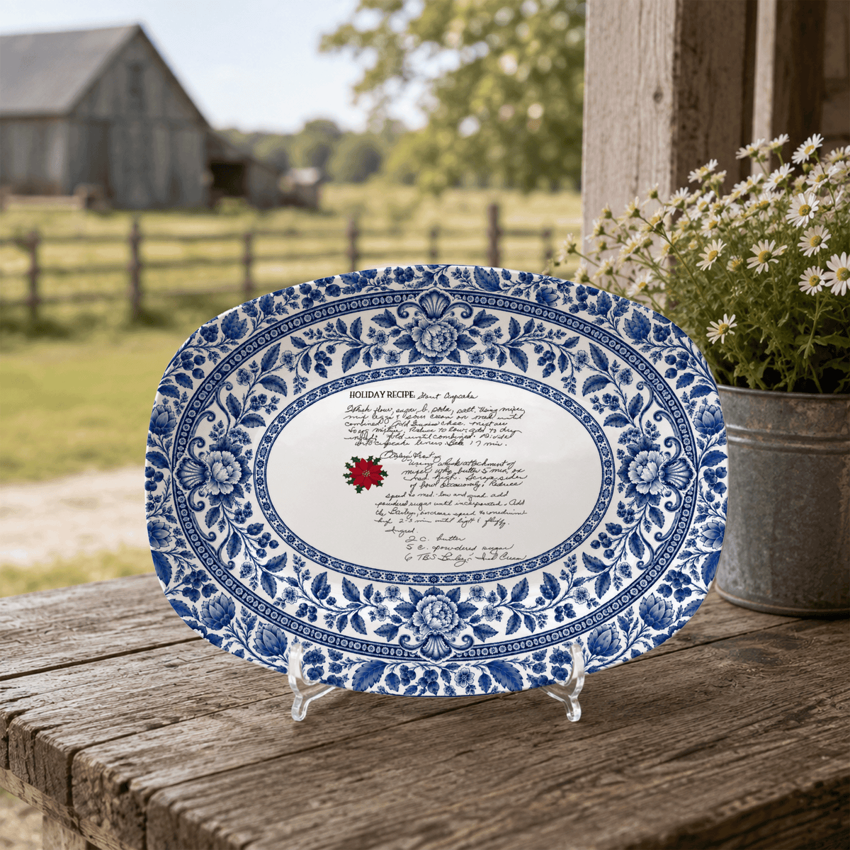 Handwritten Recipe Platter with Blue Antique Botanical Border