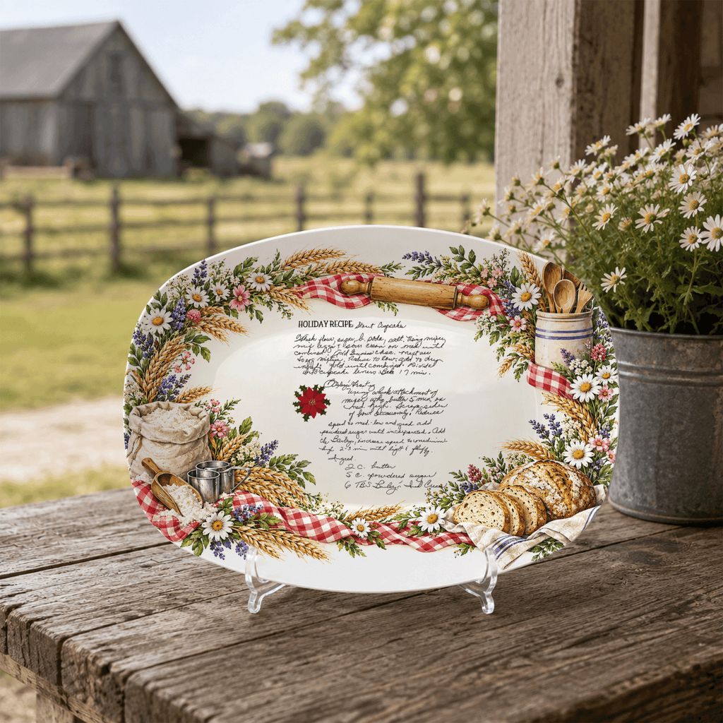 Handwritten Recipe Platter with Bread and Wildflower Border