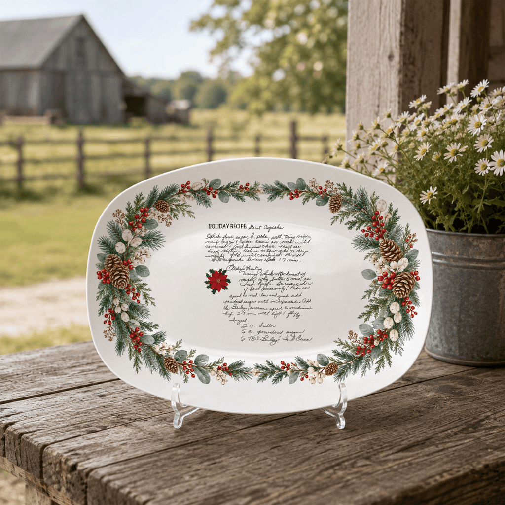 Handwritten Recipe Platter with Evergreen Pinecone & Berry Border