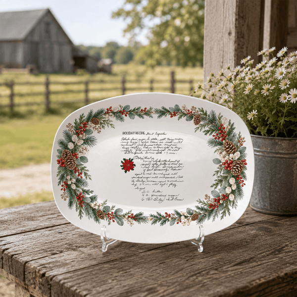 Handwritten Recipe Platter with Evergreen Pinecone & Berry Border