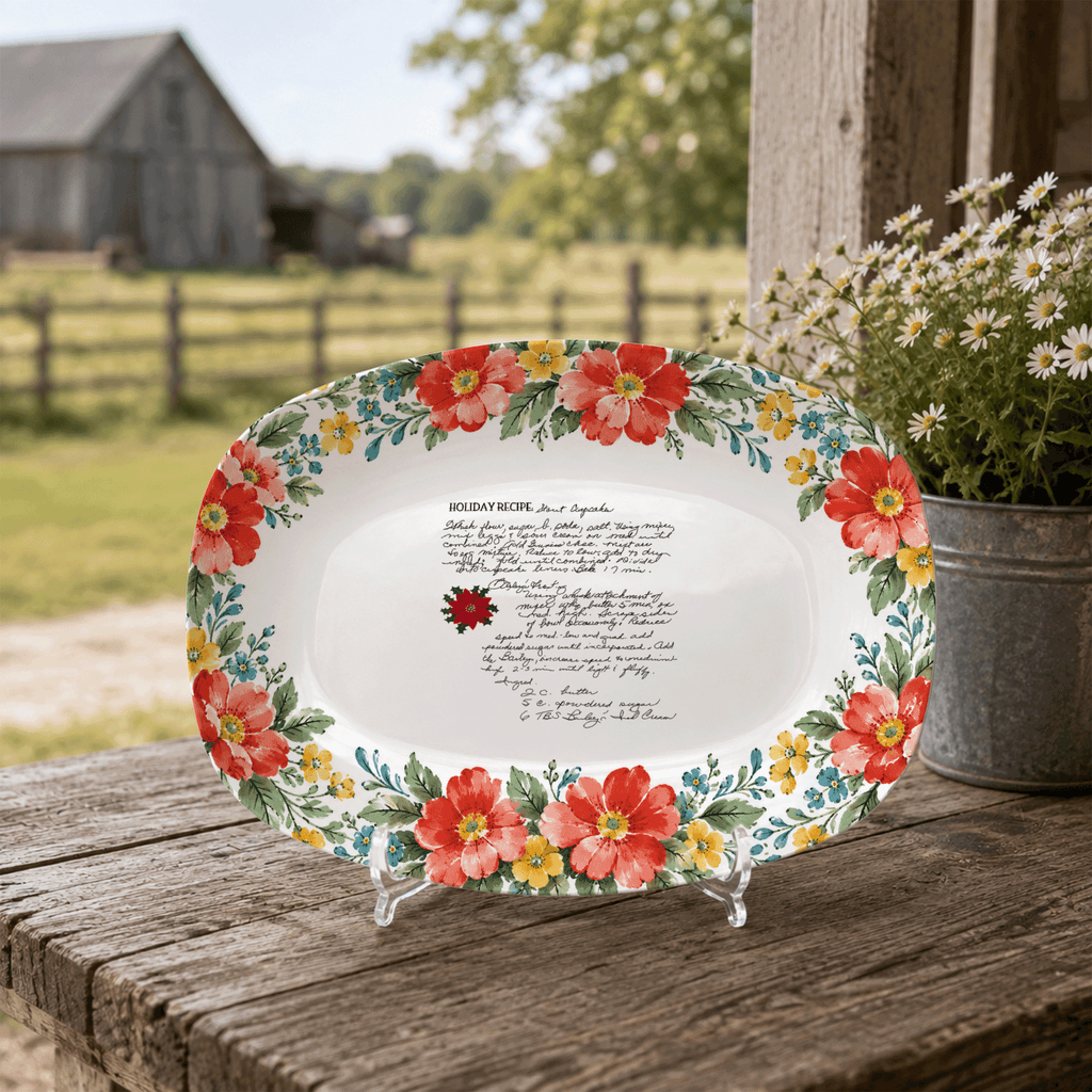 Handwritten Recipe Platter with Red and Teal Watercolor Flower Border
