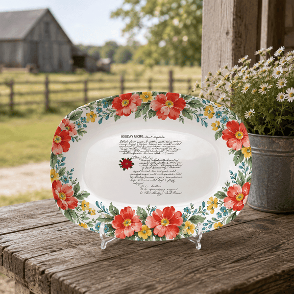 Handwritten Recipe Platter with Red and Teal Watercolor Flower Border