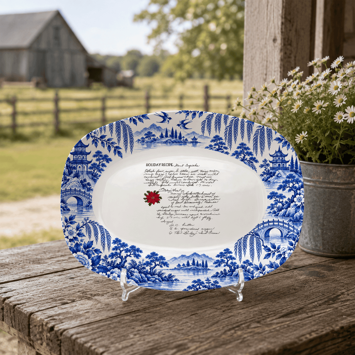 Handwritten Recipe Platter with Antique Blue Willow Border