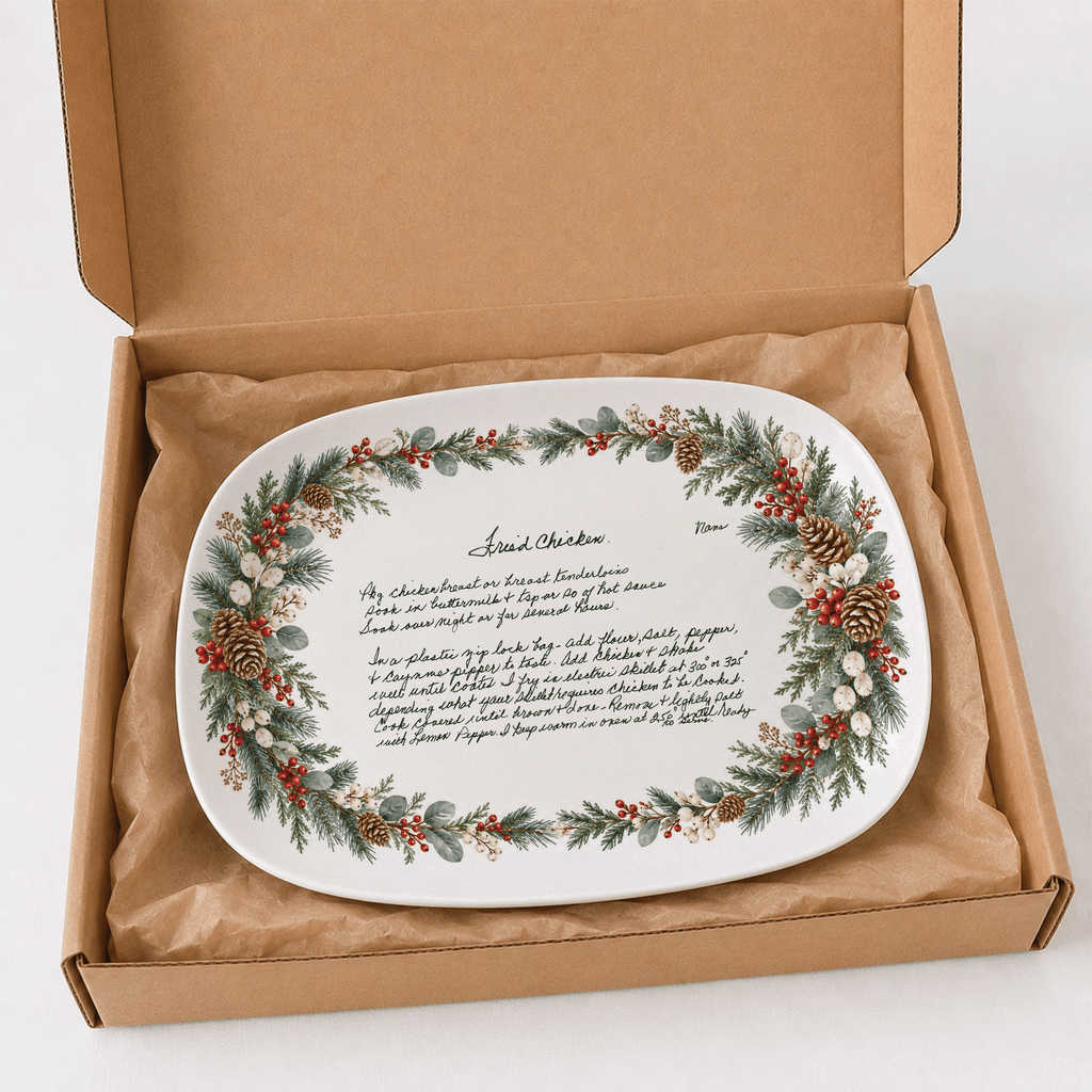 Handwritten Recipe Platter with Evergreen Pinecone & Berry Border