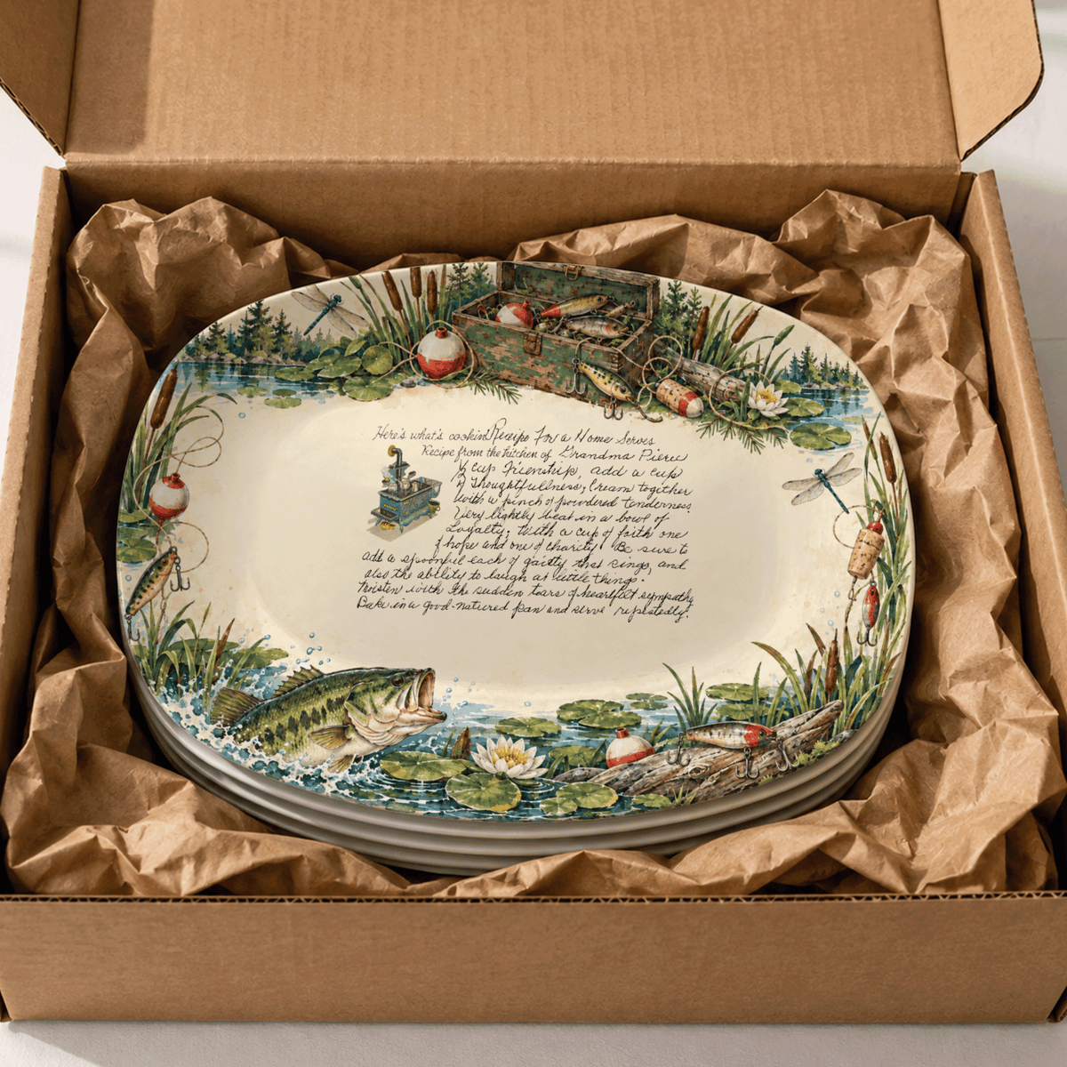 Handwritten Recipe Platter with Fishing Border