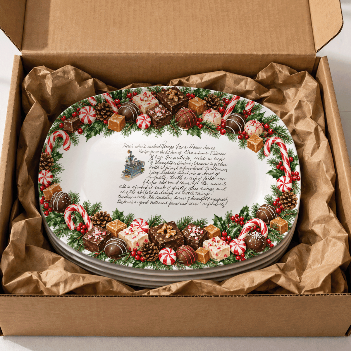 Handwritten Recipe Platter with Christmas Candy Border