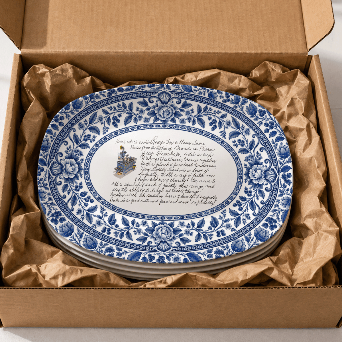 Handwritten Recipe Platter with Blue Antique Botanical Border