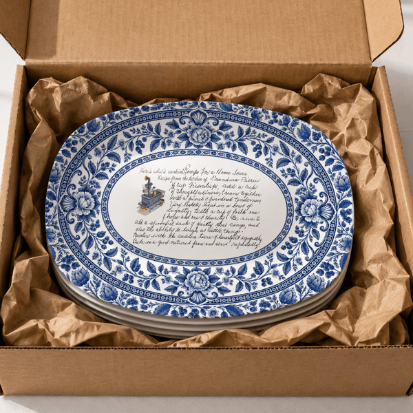 Handwritten Recipe Platter with Blue Antique Botanical Border