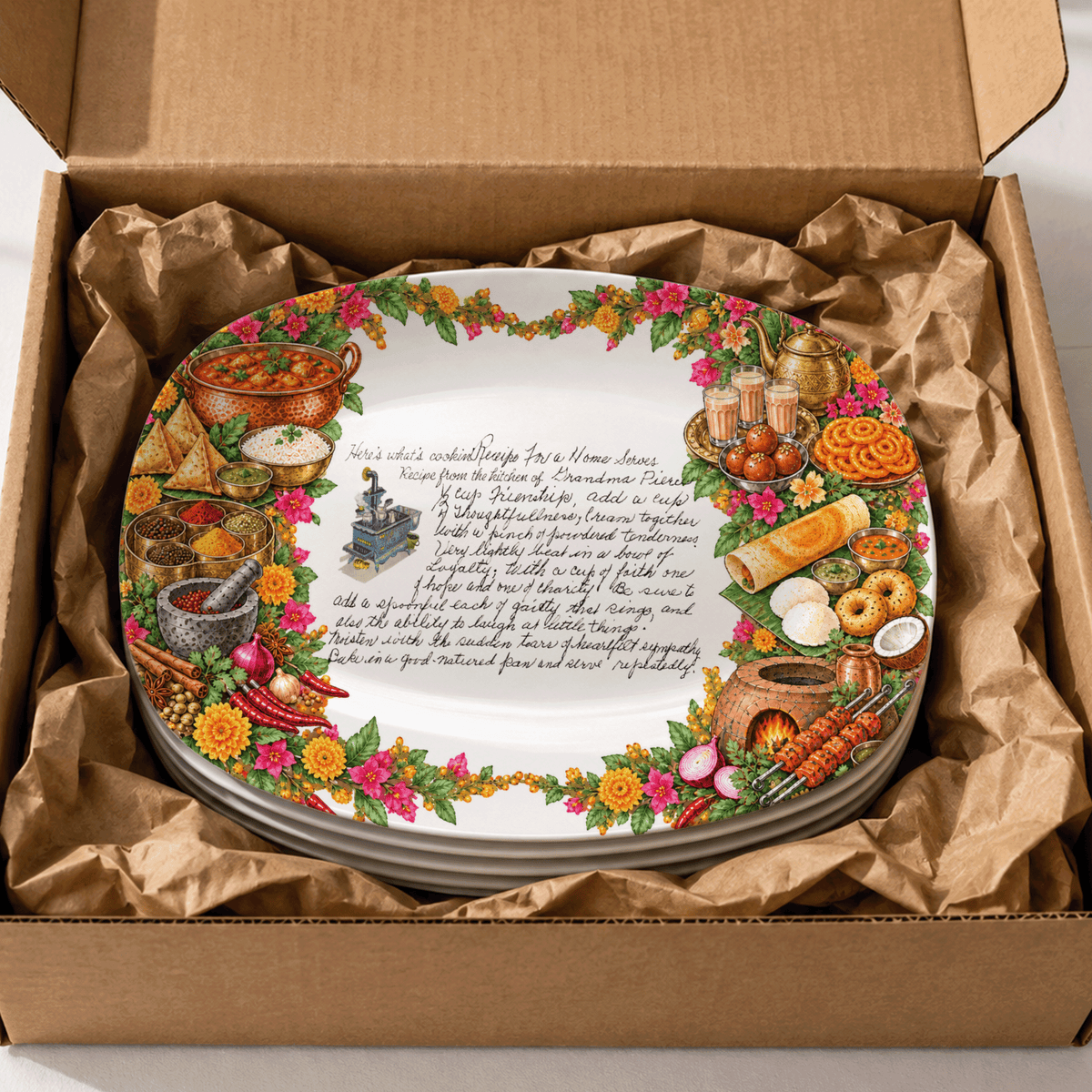 Handwritten Recipe Platter with Vintage Indian Food Border