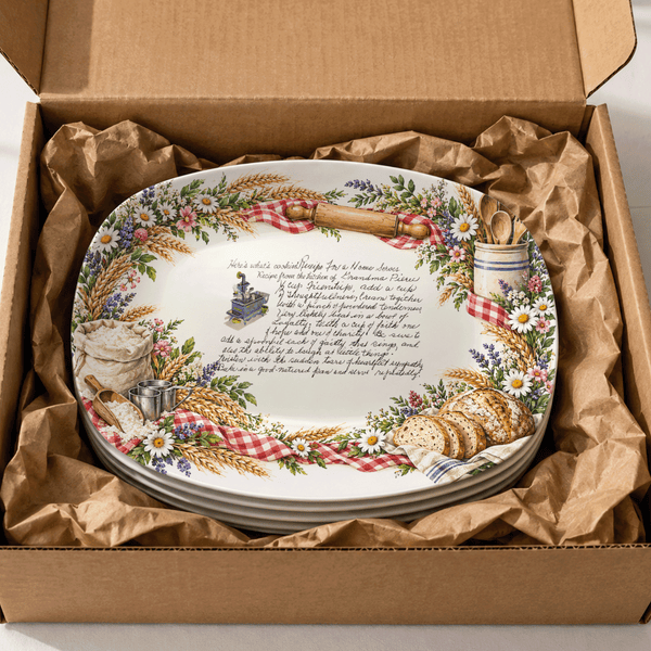 Handwritten Recipe Platter with Bread and Wildflower Border