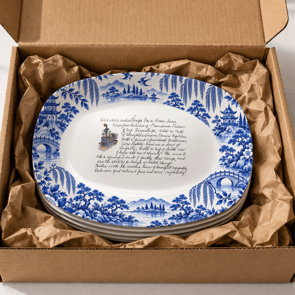 Handwritten Recipe Platter with Antique Blue Willow Border