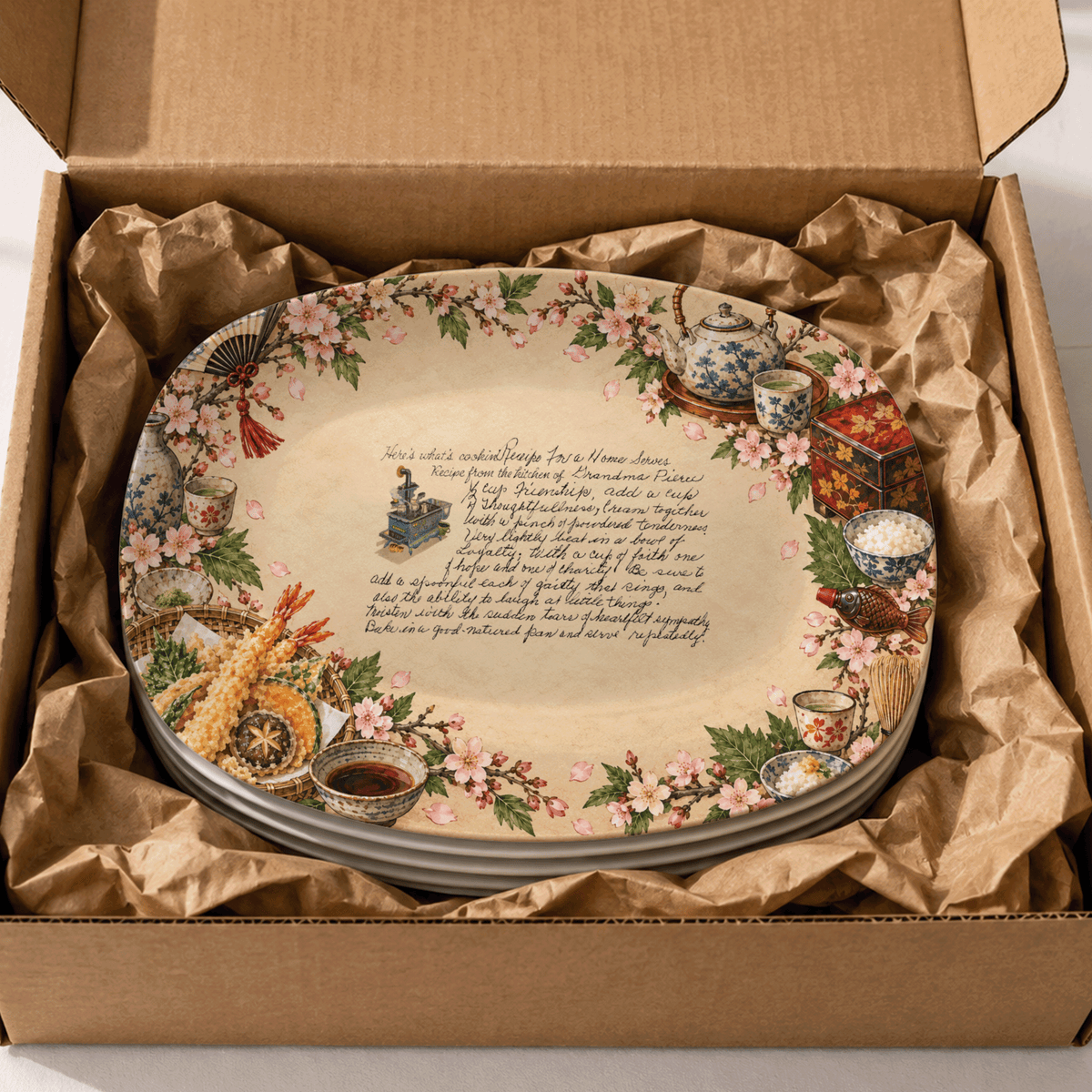 Handwritten Recipe Platter with Vintage Japanese Food Border