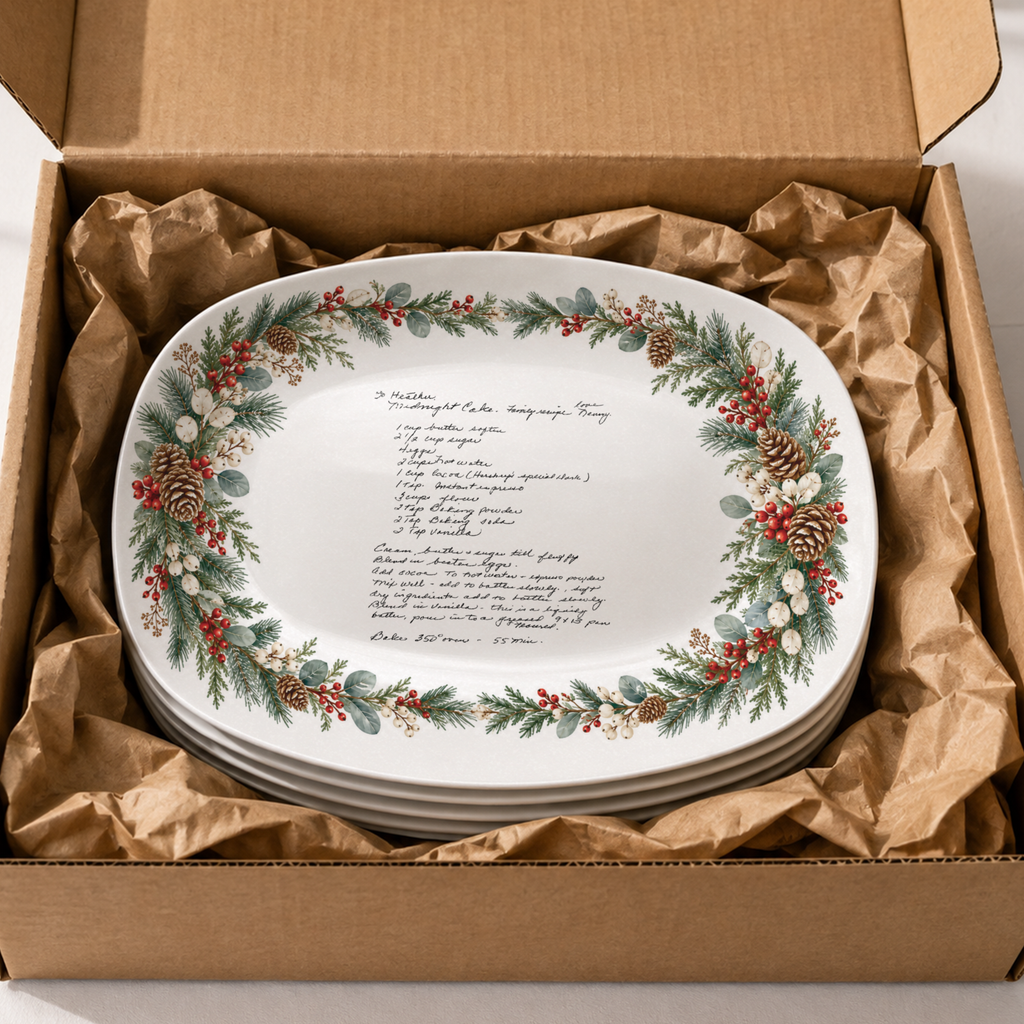 Handwritten Recipe Platter with Evergreen Pinecone & Berry Border