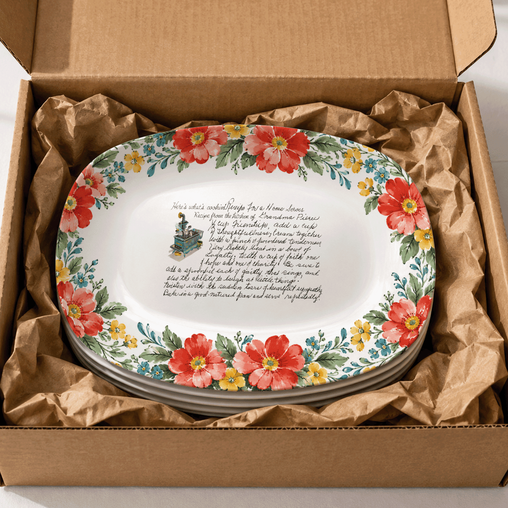 Handwritten Recipe Platter with Red and Teal Watercolor Flower Border