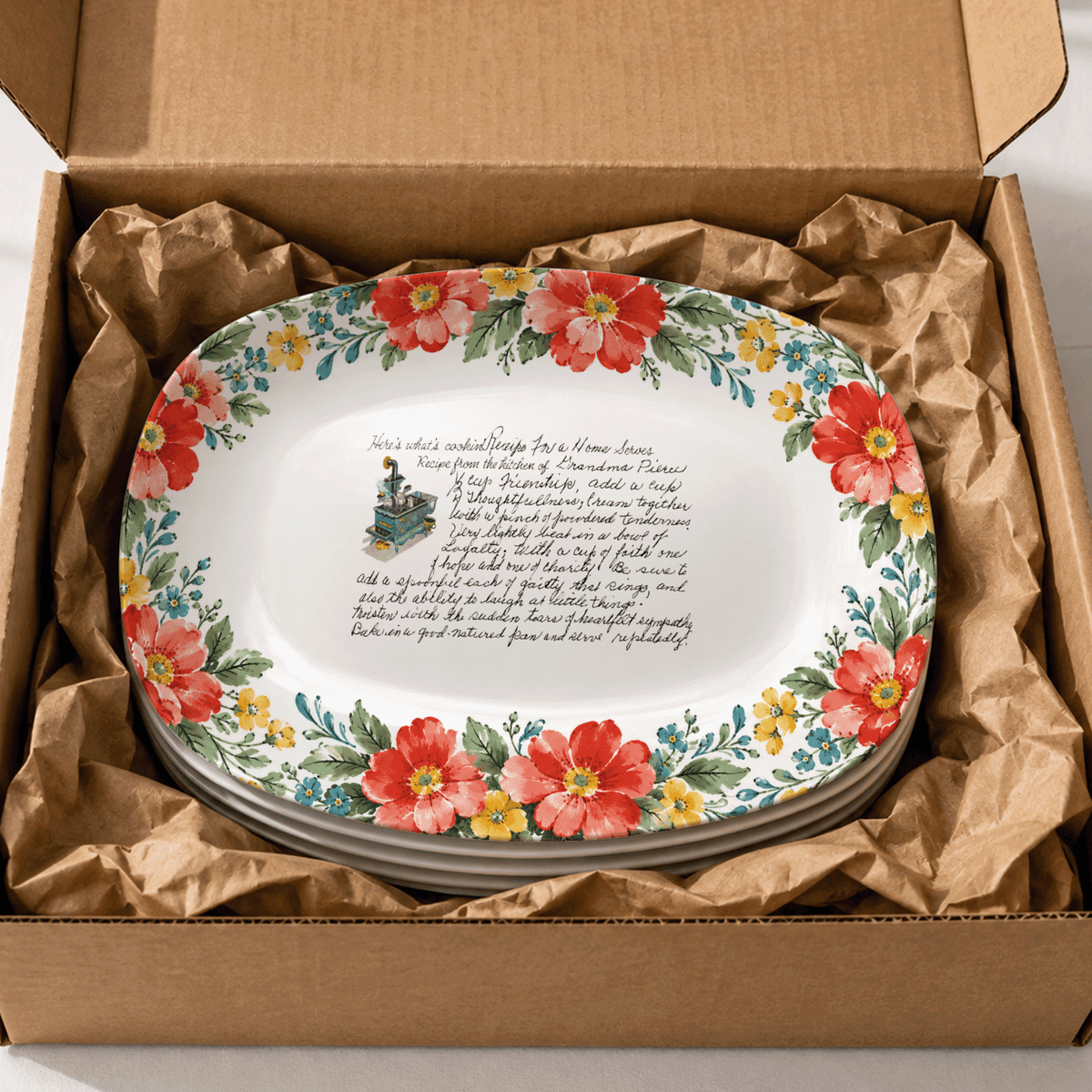 Handwritten Recipe Platter with Red and Teal Watercolor Flower Border