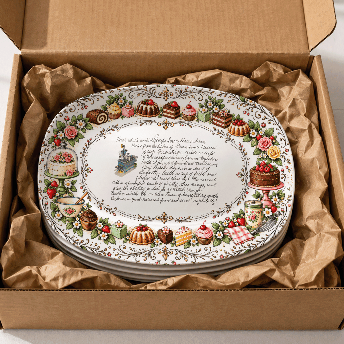 Handwritten Recipe Platter with Vintage Cake Border